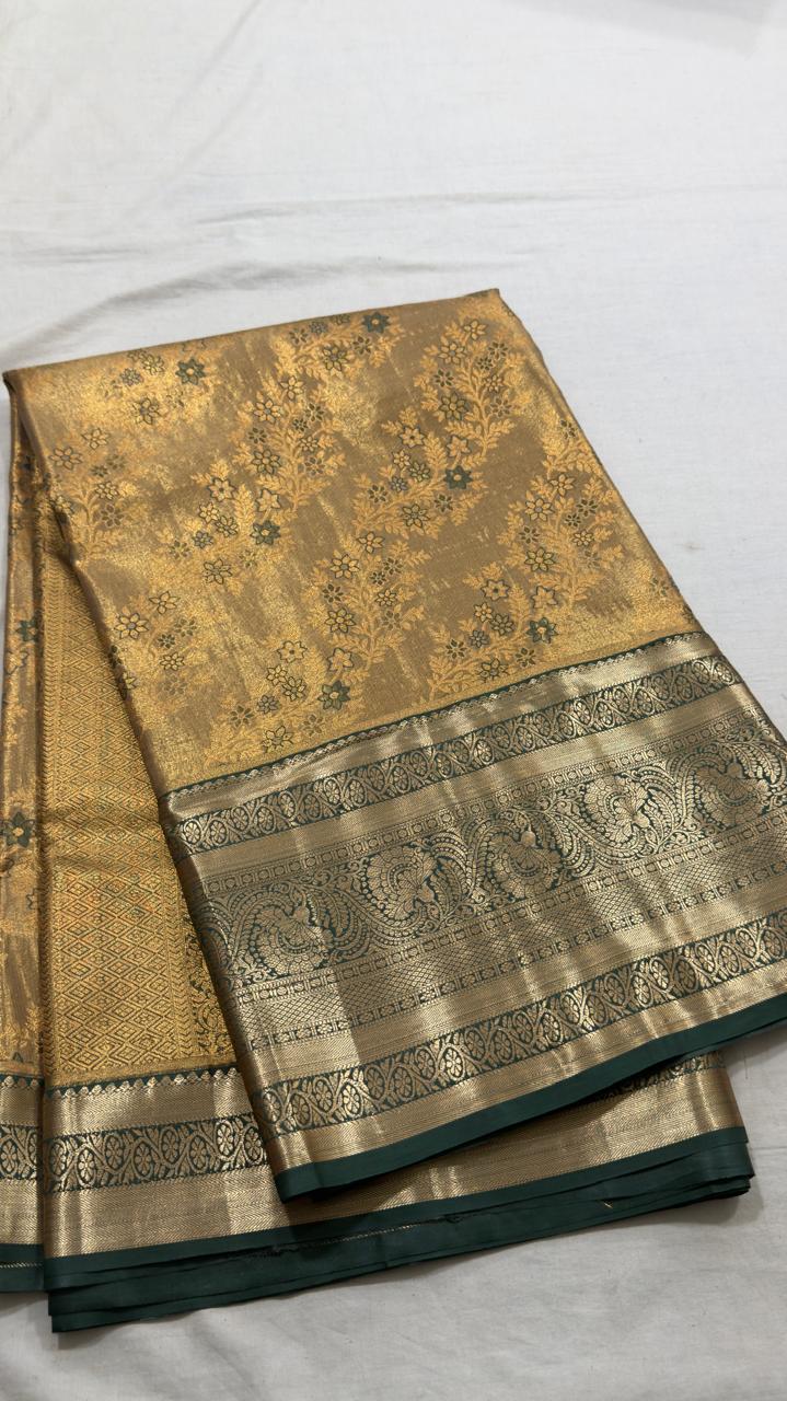 Antique Gold & Bottle Green Floral Zari Kanjivaram Silk Saree view 1 - Rangam Saradha Silks