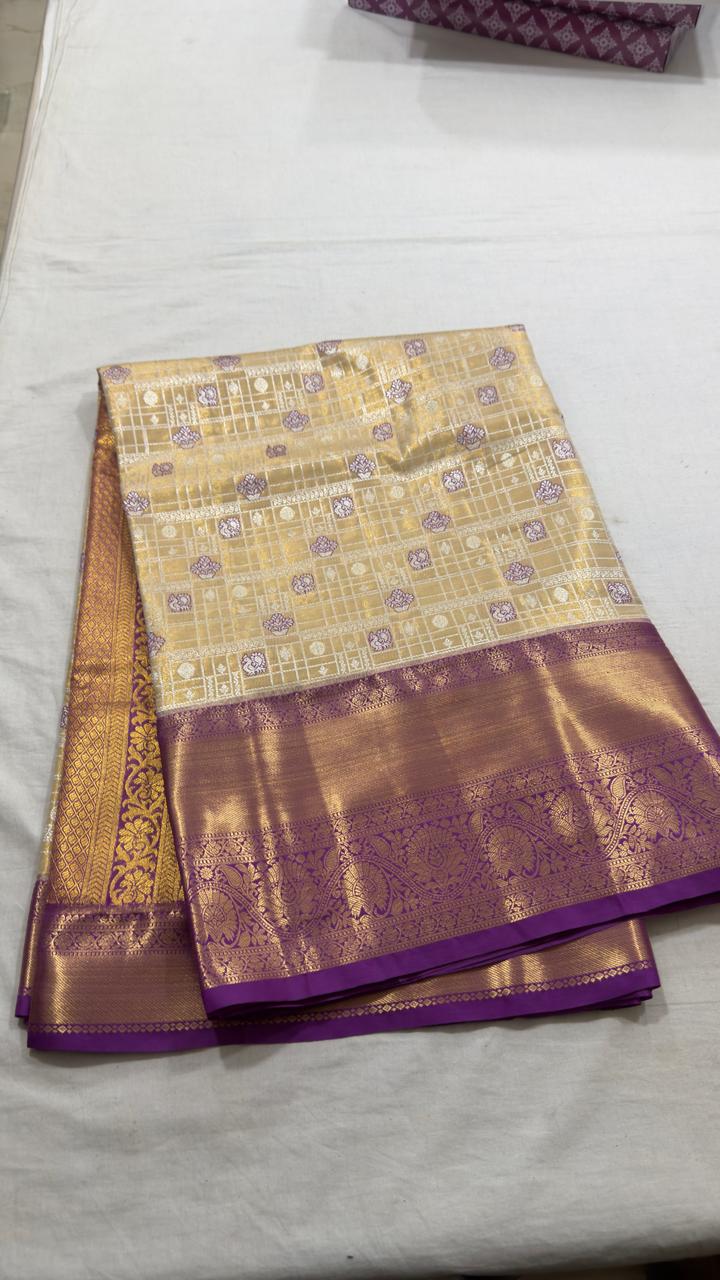 Champagne Gold & Purple Checked Butta Kanjivaram Silk Saree view 1 - Rangam Saradha Silks