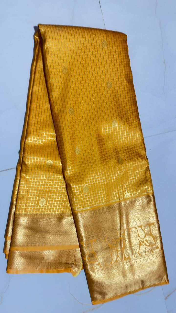 Golden Mustard Checked Butta Kanchi Silk Saree view 1 - Rangam Saradha Silks