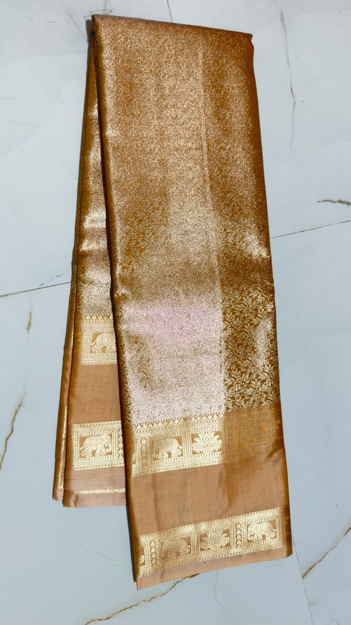 Antique Bronze Gold Elephant Border Kanchi Silk Saree view 1 - Rangam Saradha Silks