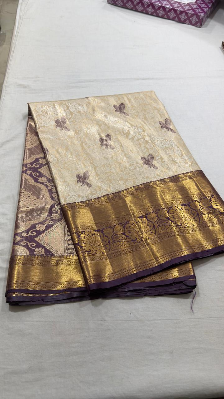 Ivory Gold & Deep Purple Floral Bird Motif Kanjivaram Silk Saree view 1 - Rangam Saradha Silks