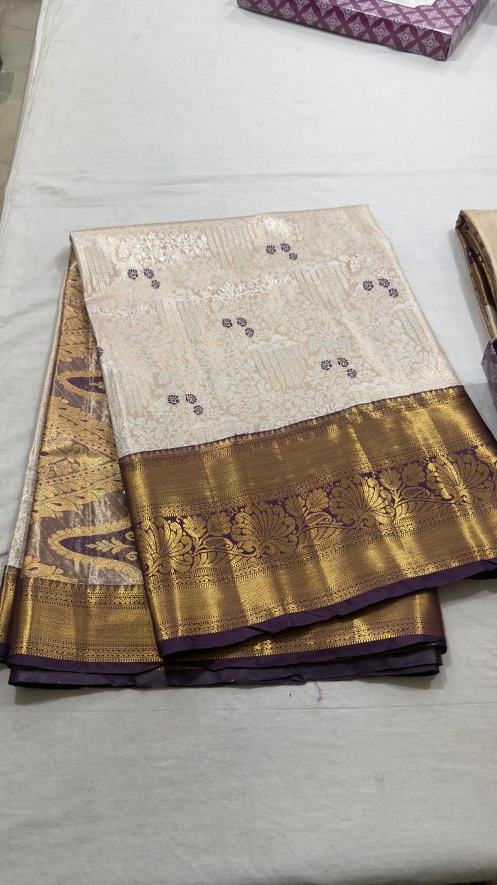 Ivory & Purple Floral Butta Kanjivaram Silk Saree view 1 - Rangam Saradha Silks