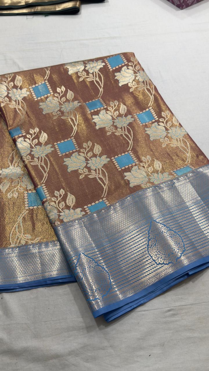Chocolate Brown & Powder Blue Floral Kanjivaram Silk Saree view 1 - Rangam Saradha Silks
