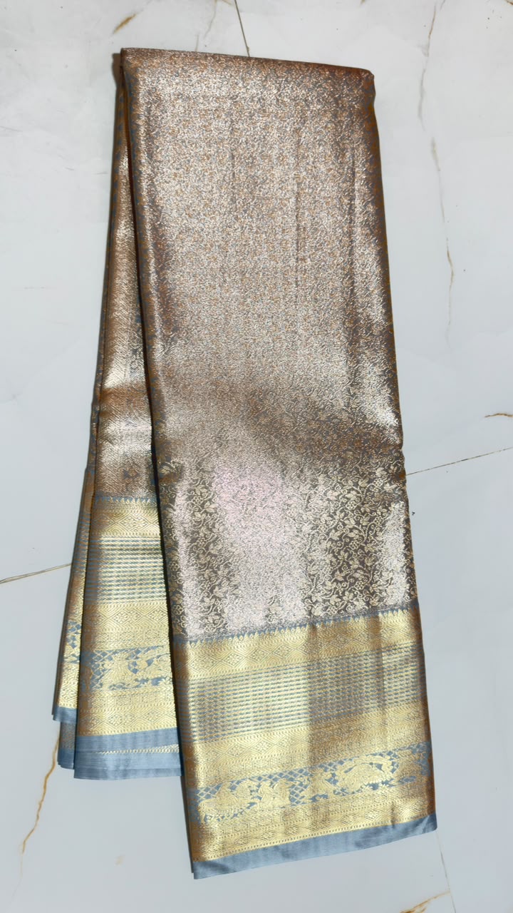 Slate Blue Silver Gold Floral Kanchi Silk Saree view 1 - Rangam Saradha Silks