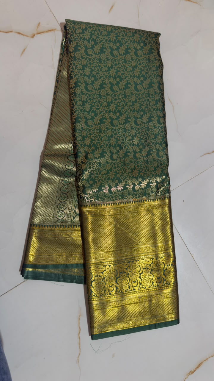 Emerald Green Floral Jaal Kanchi Silk Saree