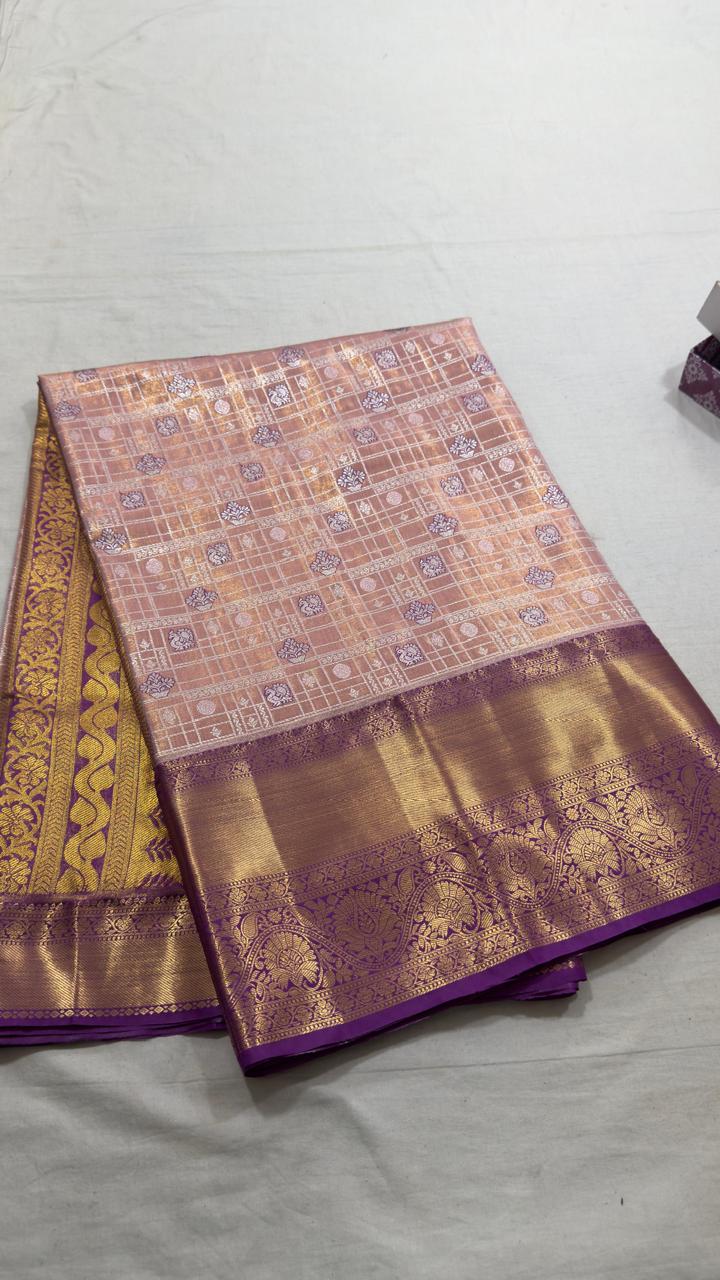 Peach Gold & Purple Checked Butta Kanjivaram Silk Saree view 1 - Rangam Saradha Silks