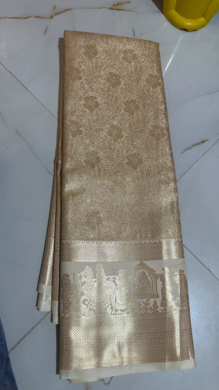 Antique Beige Floral Temple Kanchi Silk Saree