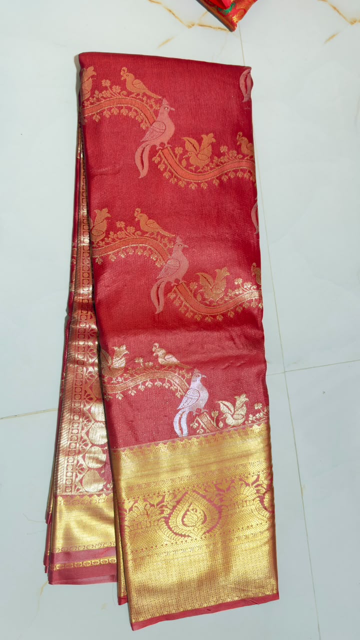 Crimson Peacock Gold Zari Kanchi Silk Saree view 1 - Rangam Saradha Silks