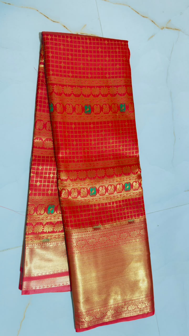 Vermilion Red Emerald Grid Kanchi Silk Saree view 1 - Rangam Saradha Silks