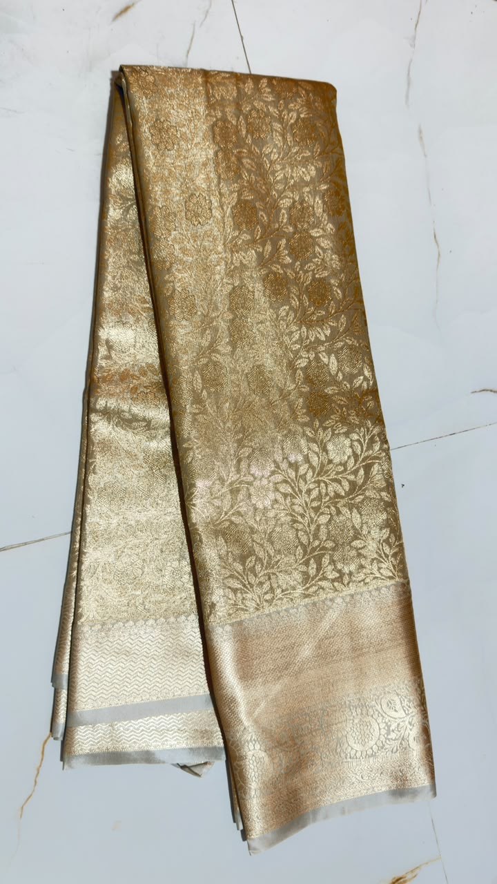 Ivory Gold Garden Bloom Kanchi Silk Saree view 1 - Rangam Saradha Silks