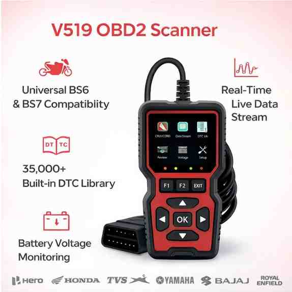Mapout V519 Universal BS6 Bike OBD2 Scanner & Diagnostic Tool (For Hero, Honda, TVS, Yamaha, Bajaj, KTM & Royal Enfield) thumbnail 2