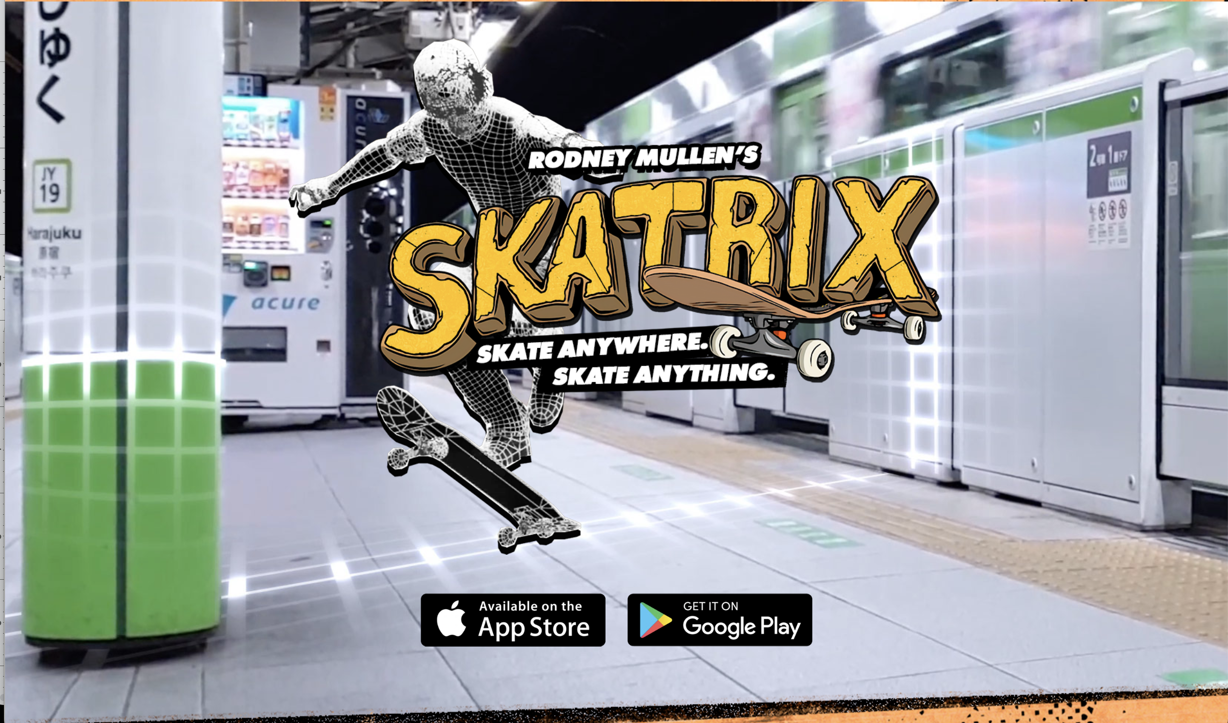 Home page from skatrix.io showing an AR app that lets you "skate anywhere, skate anything"