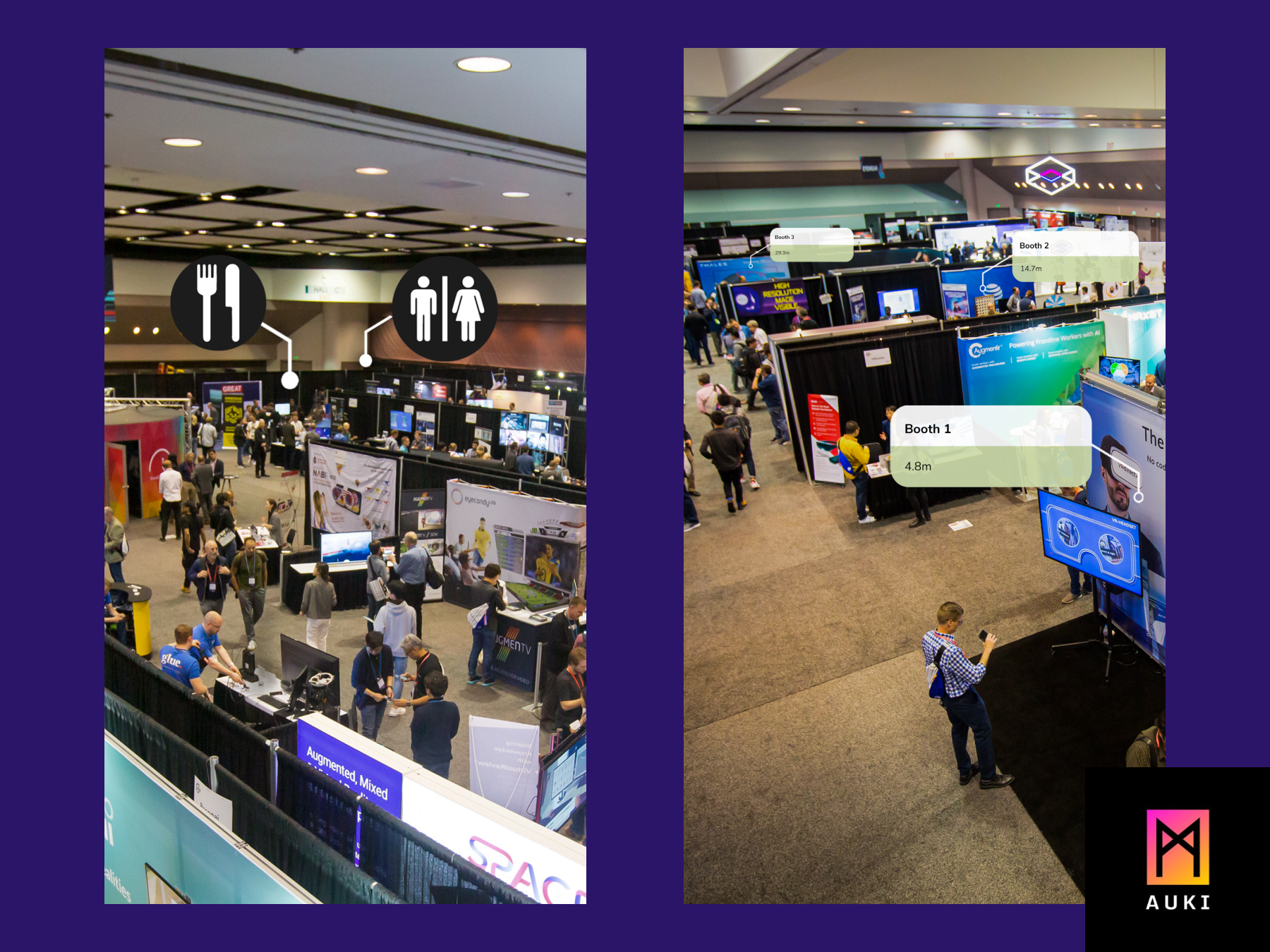 Two views of Digital Expo Hall app, by Auki Labs, screenshots of an expo hall with digital AR tags that help you find what you want. 