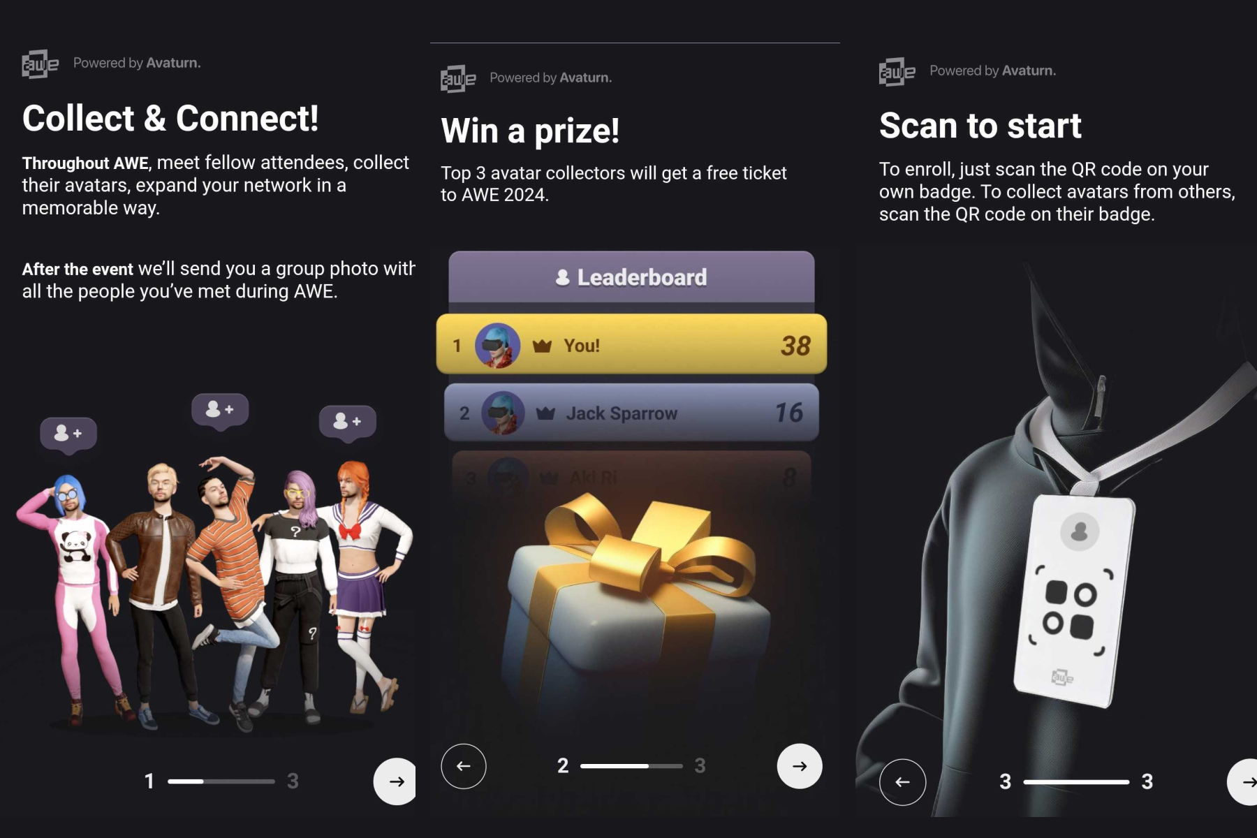 Images of 3 mobile web screens showing the onboarding steps for a special avatar experience created for the AWE 2023 event 