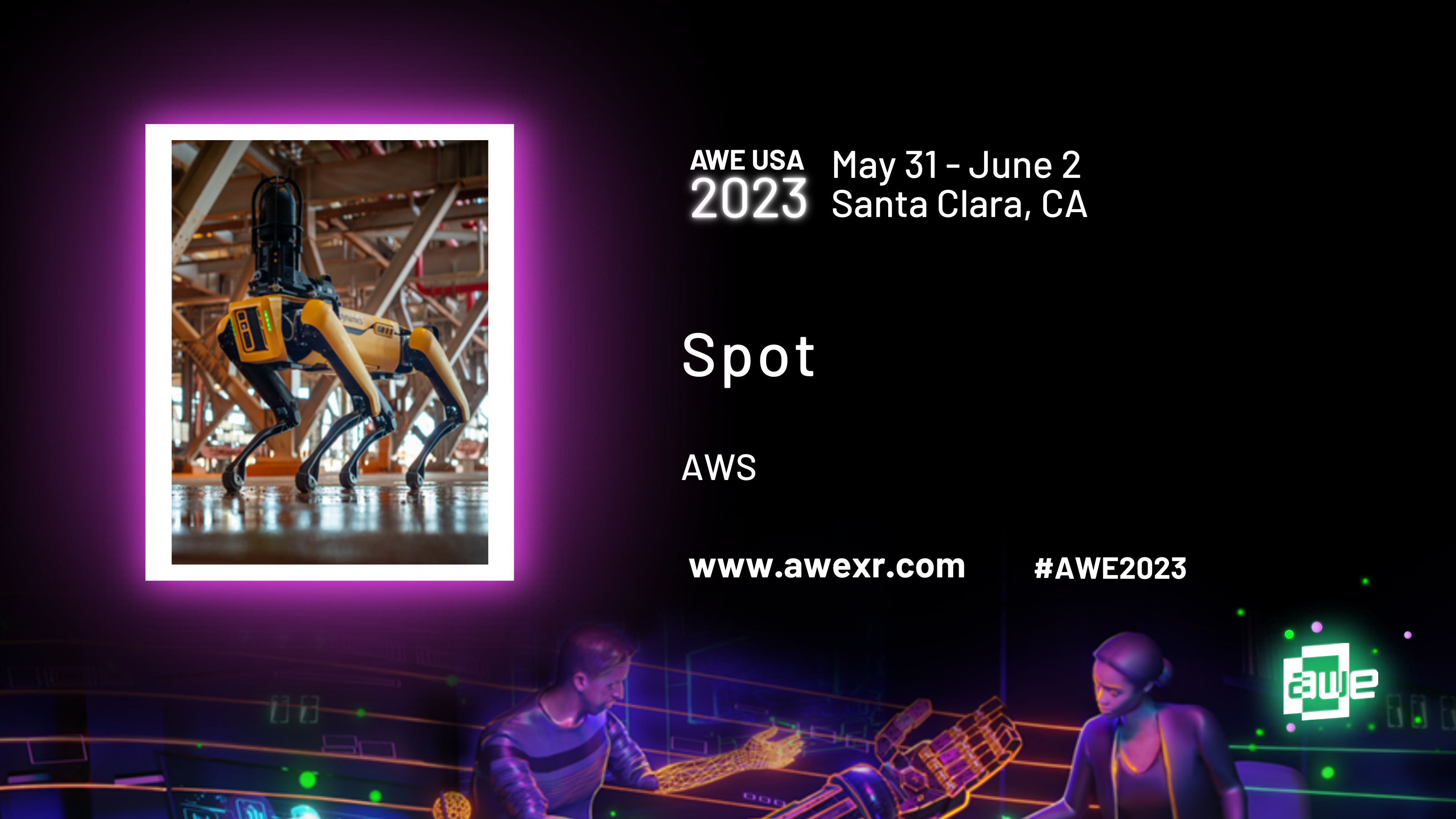 Boston Dynamics Spot robot dog on a speaker announcement card for AWE USA 2023 for a talk by AWS