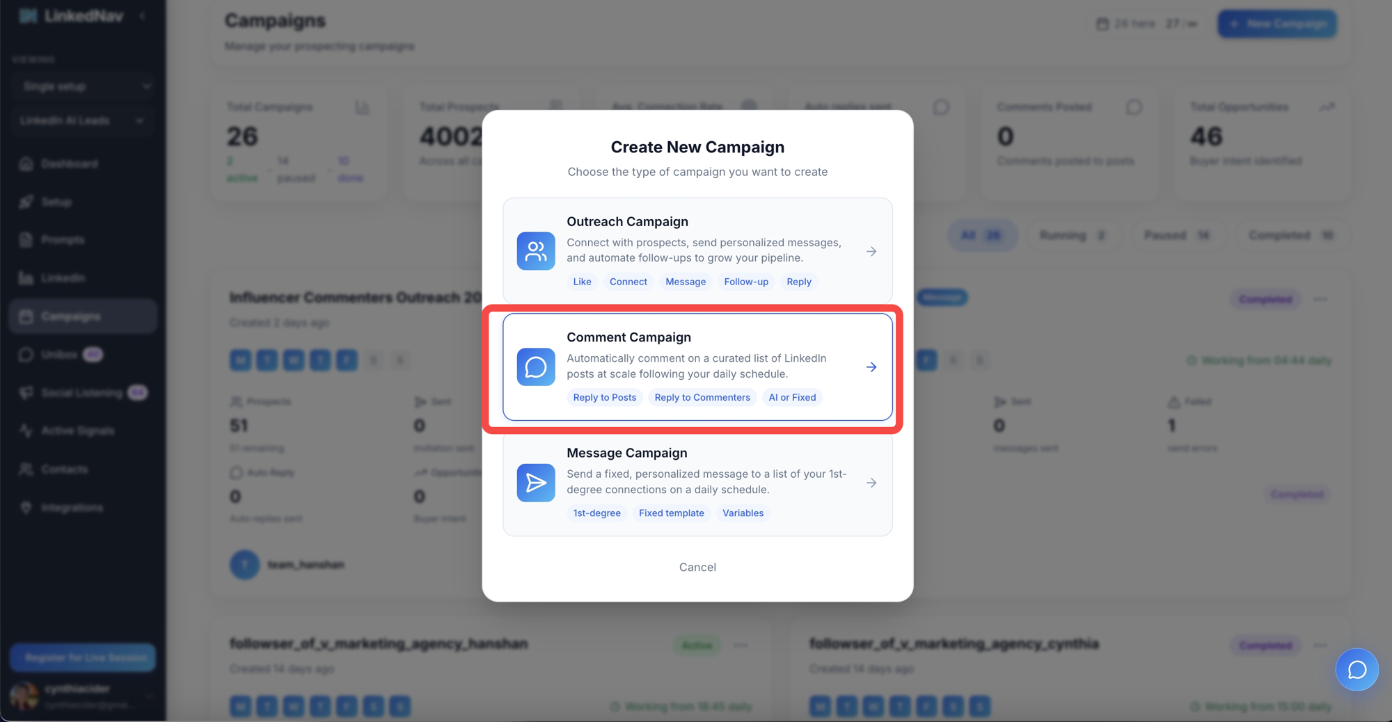 LinkedNav Create New Campaign modal with Comment Campaign selected, showing Reply to Posts, Reply to Commenters and AI or Fixed tags