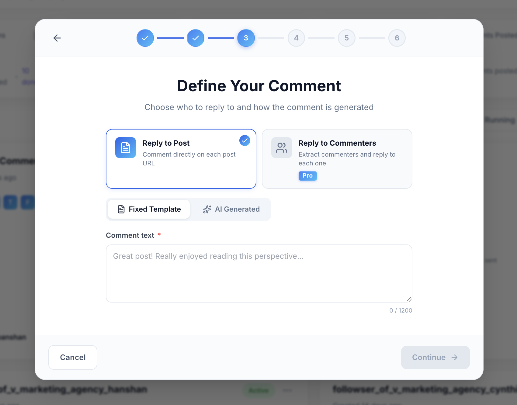LinkedNav Define Your Comment step: Reply to Post vs Reply to Commenters, with Fixed Template and AI Generated toggle