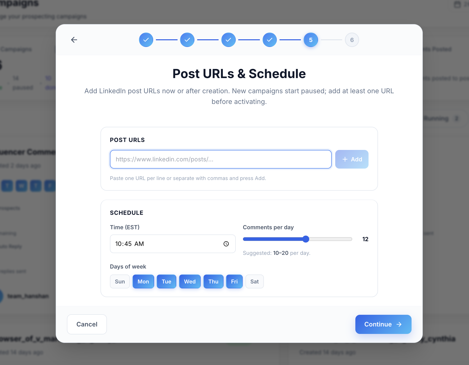 LinkedNav Post URLs and Schedule step with URL input, time, comments-per-day slider and days-of-week selector