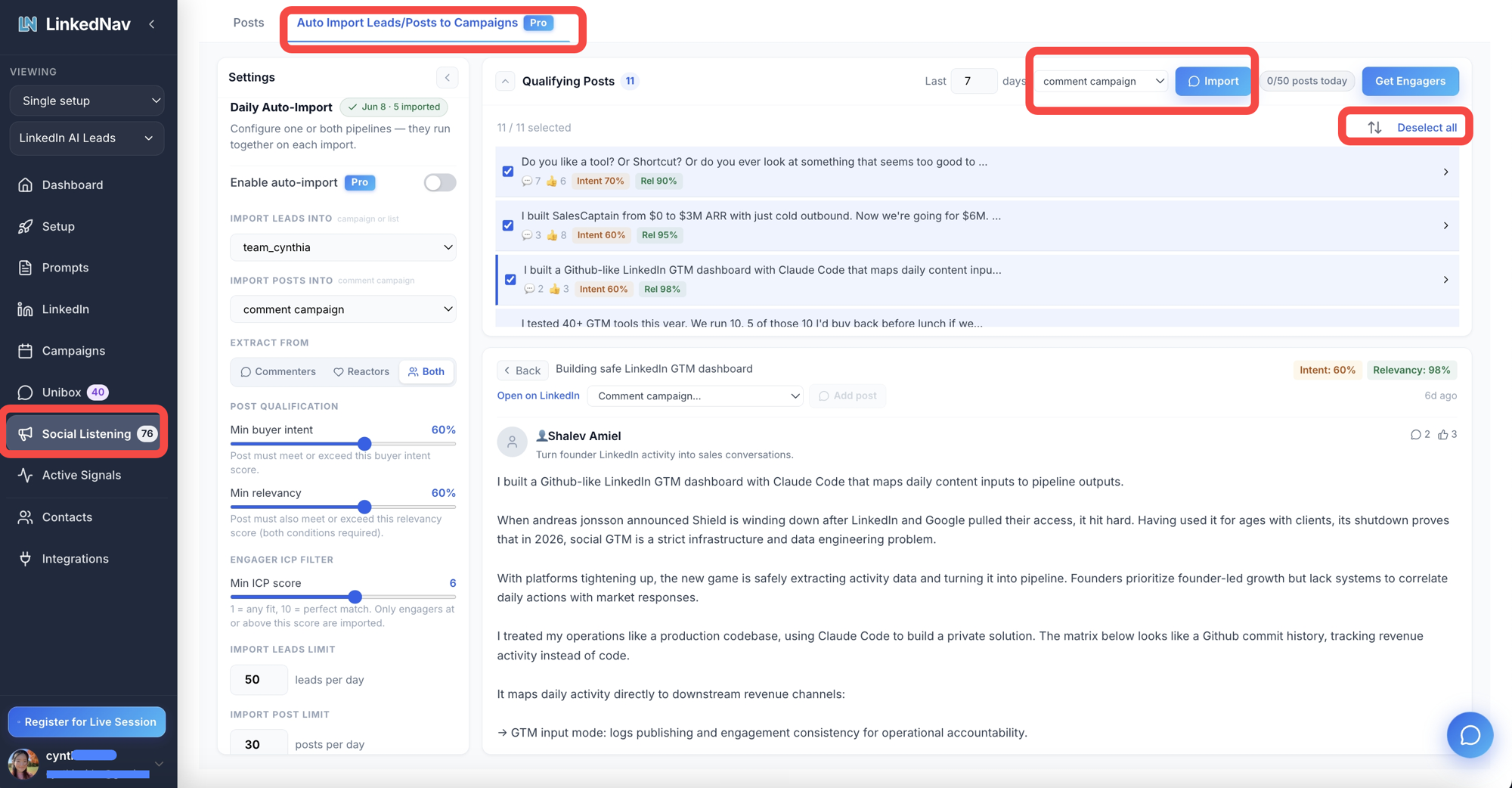 LinkedNav Social Listening Auto Import panel with Qualifying Posts scored by intent and relevancy, importing into a comment campaign