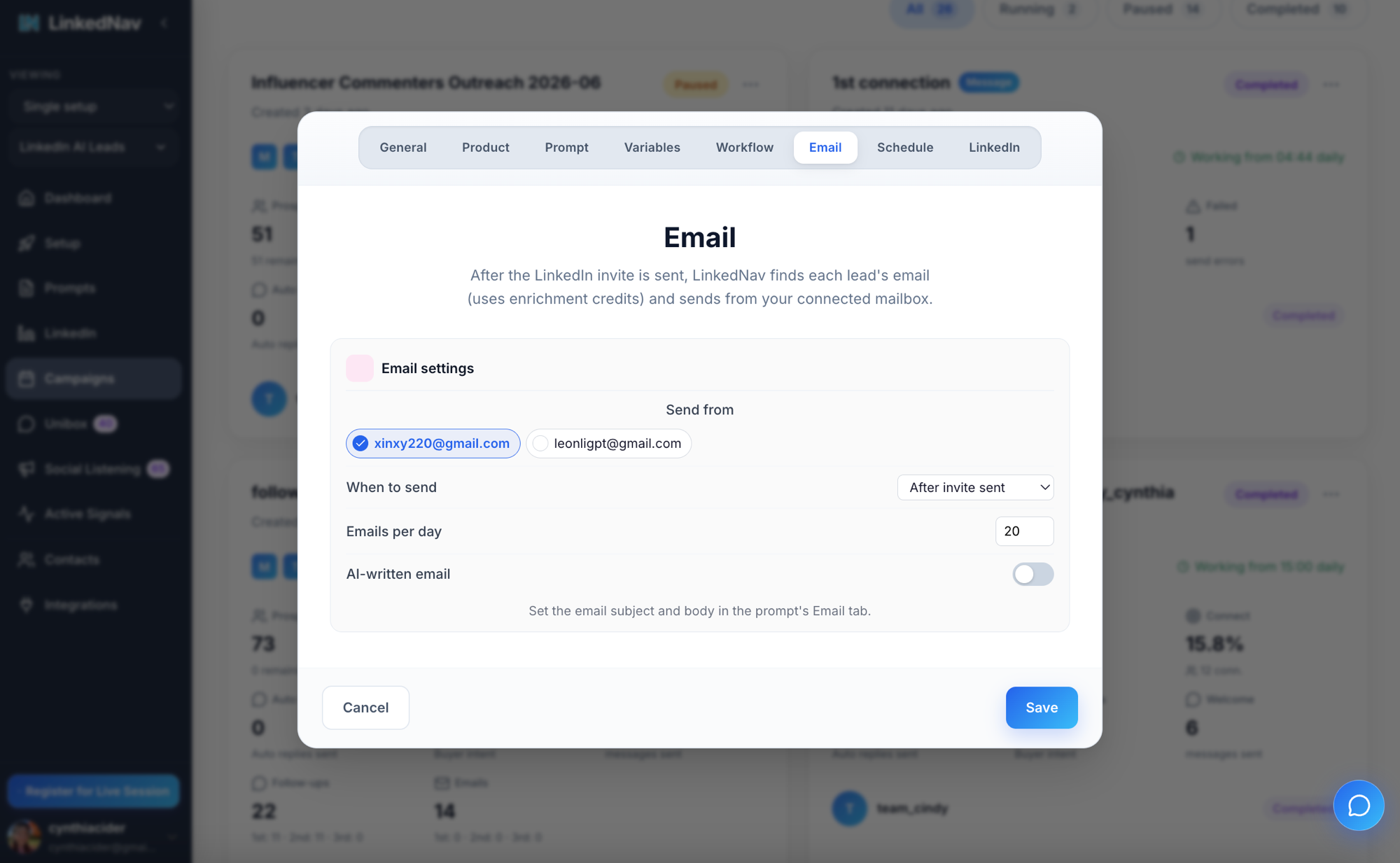 LinkedNav campaign Email tab — Send from mailbox, When to send, Emails per day, and AI-written email toggle