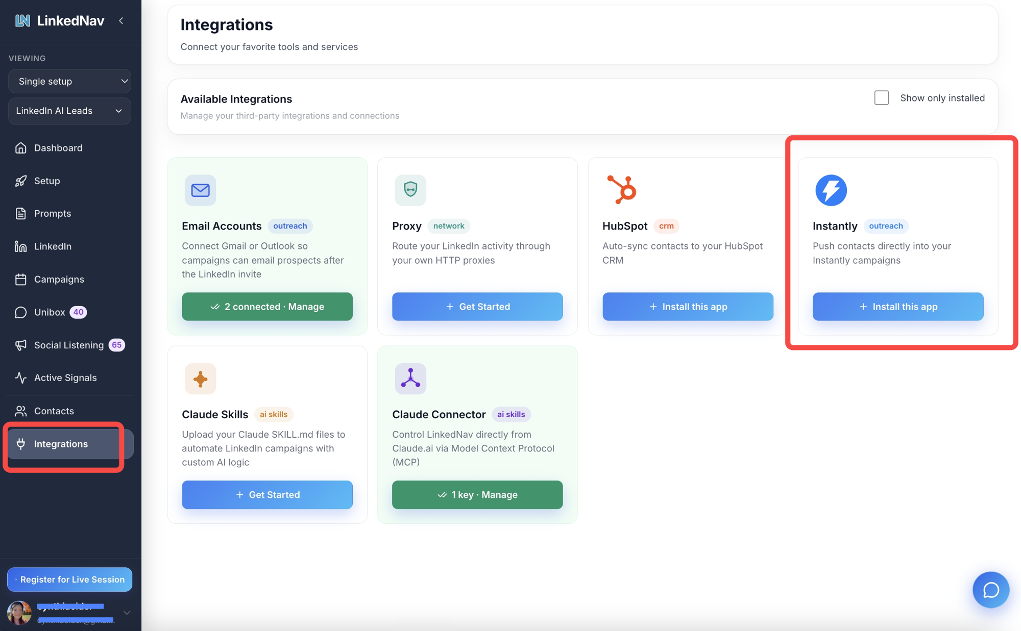 LinkedNav Integrations page with the Instantly integration highlighted — push contacts directly into your Instantly campaigns