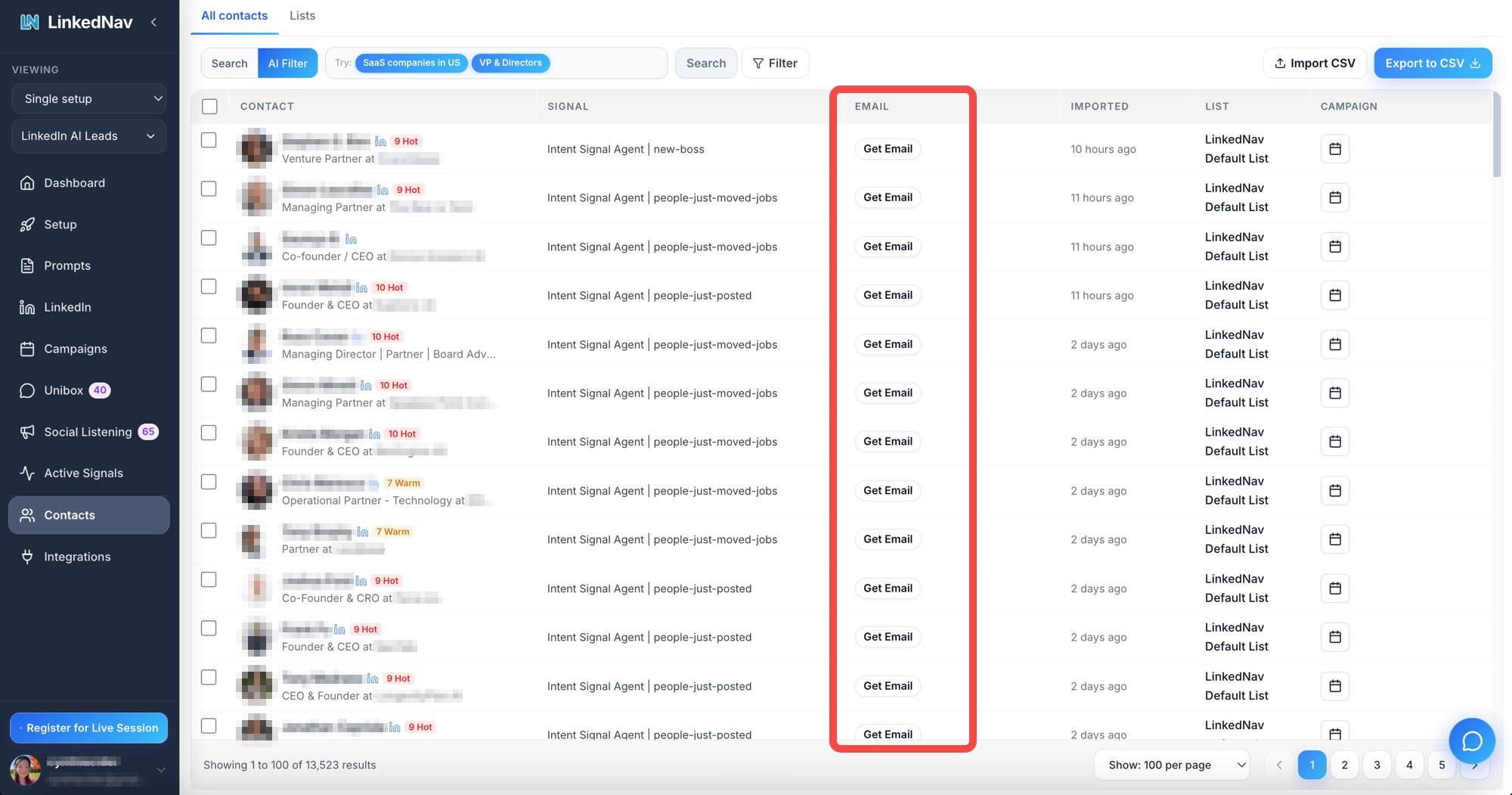 LinkedNav Contacts page with a Get Email button on each row to enrich a contact's email