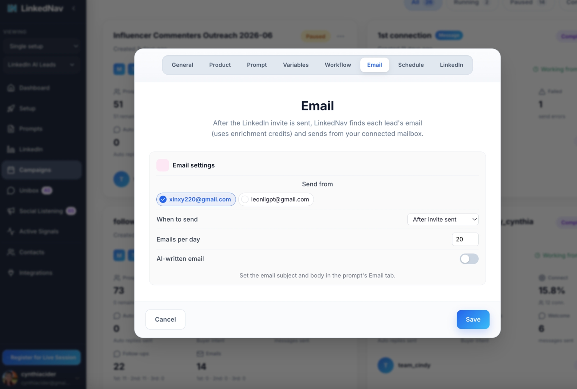 LinkedNav campaign Email tab — Send from mailbox, When to send, Emails per day, and AI-written email toggle