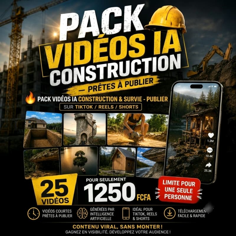 🔥 PACK VIDÉOS IA CONSTRUCTION & SURVIE — Prêtes à Publier sur TikTok/Reels/Shorts