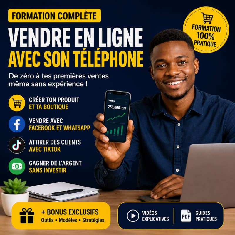 TU es debutant TU vient de creer ton boutique charriow met person achete ton produit le probleme c'est pas TOI c'est pas ton produit TU as besoin dune accompagner a même TU VAS apprendre la Formation complète Comment vendre en ligne avec son téléphone et gagner ses premiers revenus » Elle peut contenir : Création et optimisation d’une page Facebook/WhatsApp Création d’un produit numérique Mise en vente sur Chariow Techniques pour attirer des clients gratuitement Création de vidéos TikTok/Facebook avec CapCut Techniques pour transformer les visiteurs en acheteurs Conseils pour éviter les erreurs des débutants C’est intéressant parce que beaucoup de personnes veulent commencer à vendre en ligne mais ne savent pas par où commencer.Formation complète : Comment vendre en ligne avec son téléphone et gagner ses premiers revenus » Elle peut contenir : Création et optimisation d’une page Facebook/WhatsApp Création d’un produit numérique Mise en vente sur Chariow Techniques pour attirer des clients gratuitement Création de vidéos TikTok/Facebook avec CapCut Techniques pour transformer les visiteurs en acheteurs Conseils pour éviter les erreurs des débutants C’est intéressant parce que beaucoup de personnes veulent commencer à vendre en ligne mais ne savent pas par où commencer.