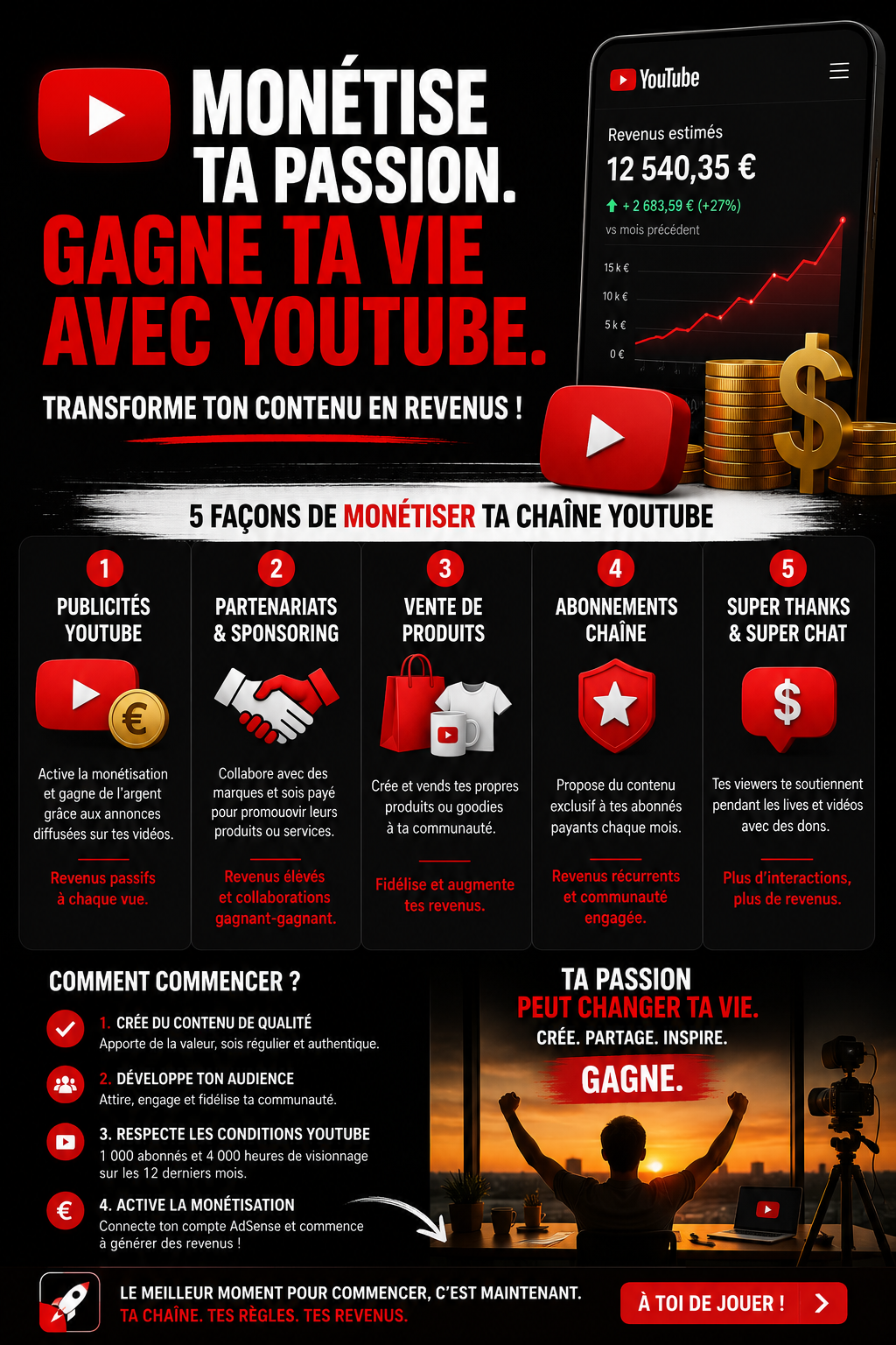▶️ Monétise ta chaîne YouTube — 5 sources de revenus pour gagner de l'argent avec tes vidéos