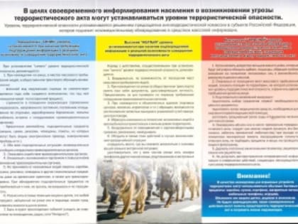 В целях своевременного информирования населения о возникновении угрозы террористического акта могут устанавливаться уровни террористической опасности.