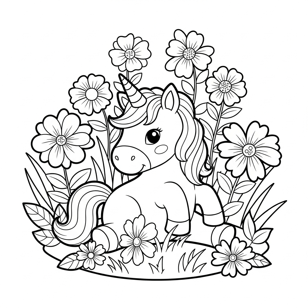 A cute unicorn playing among the flowers