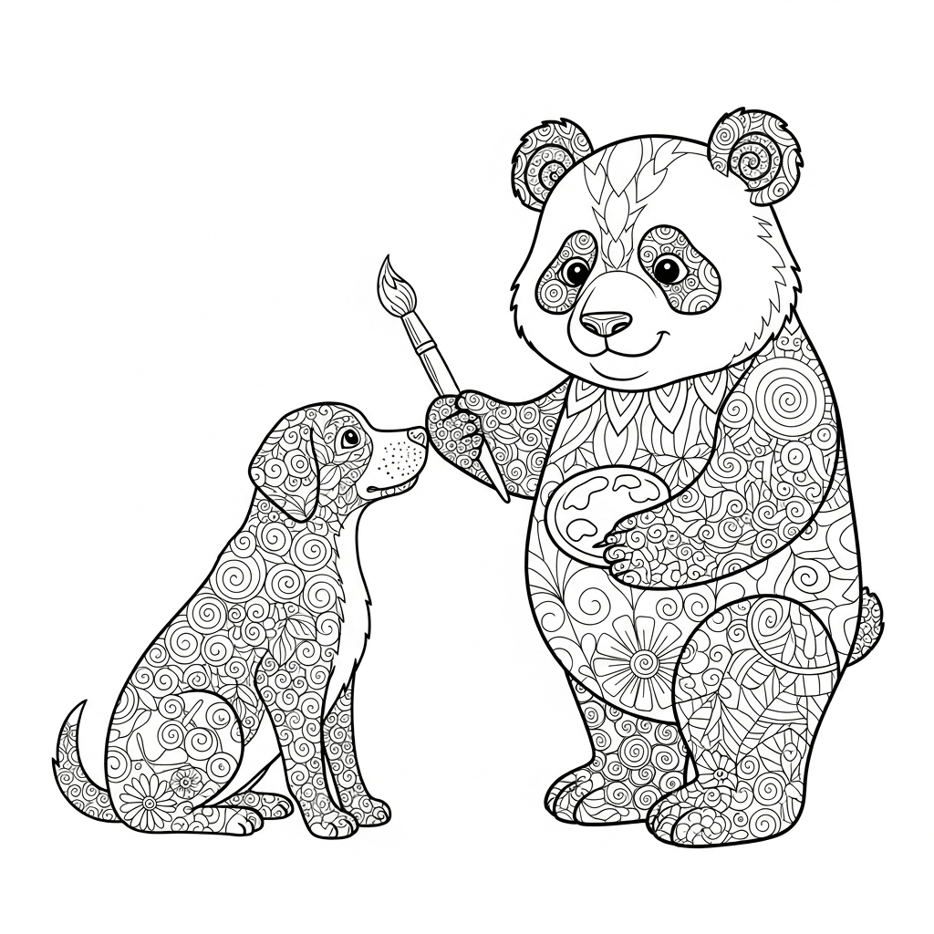 A panda that is going to paint a dog