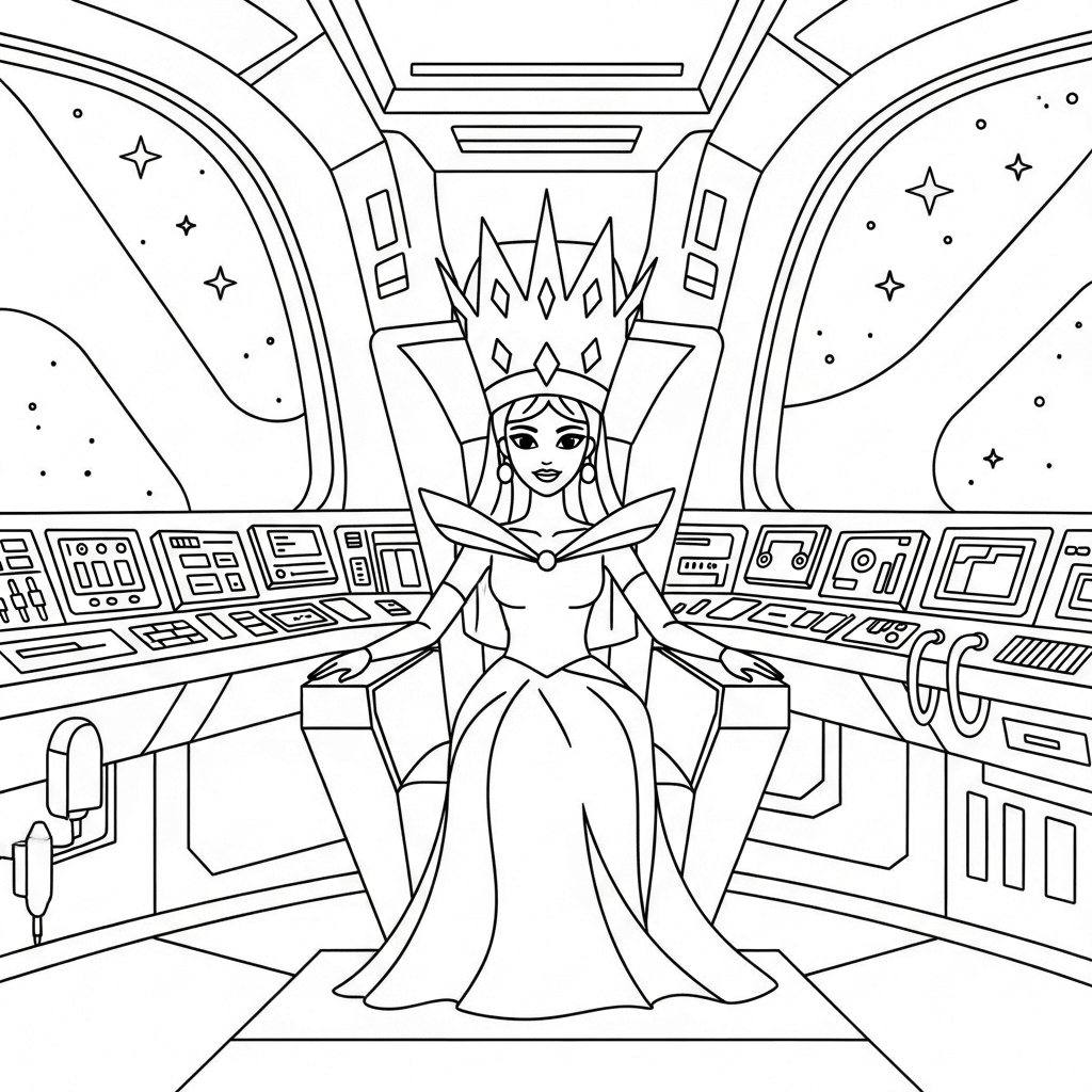 A princess with a big crown, sitting on a throne in a futuristic spaceship