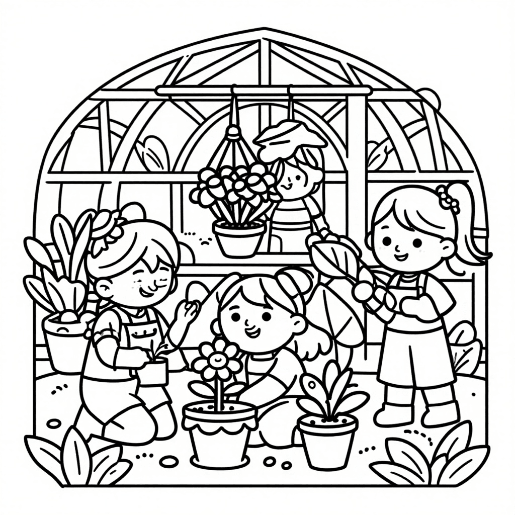 Niñas Alegres Jardinean en Invernadero