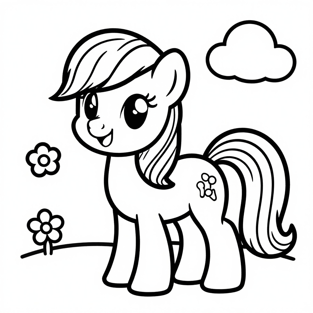 Fröhliches Pony: Mähne, Wolken & Blumen Malvorlage