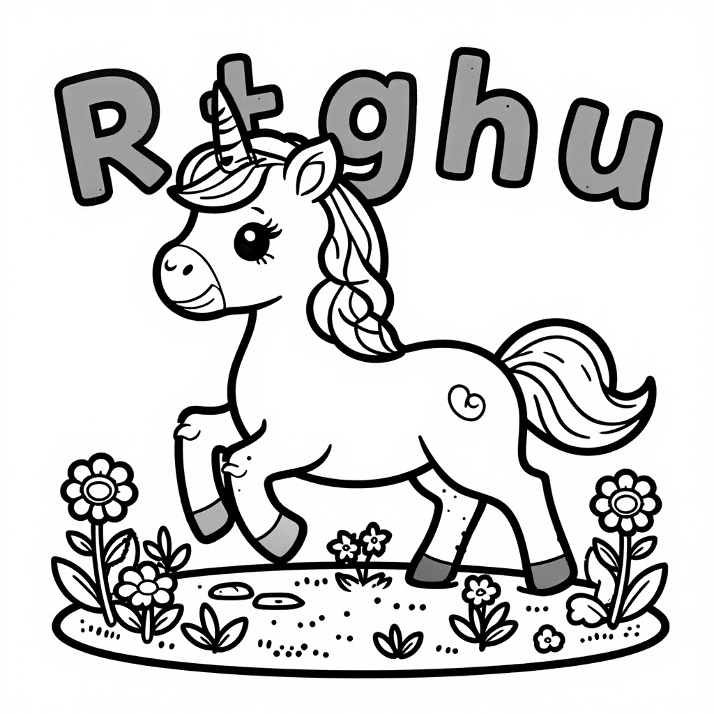 Freundliches Einhorn tanzt in Blumenwiese