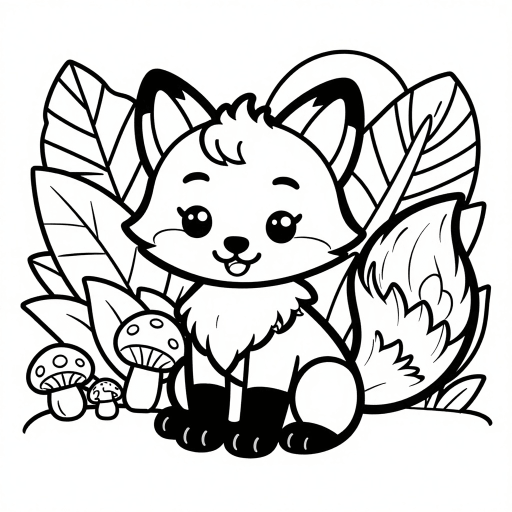 Happy Fox Cub & Mushroom Forest Coloring