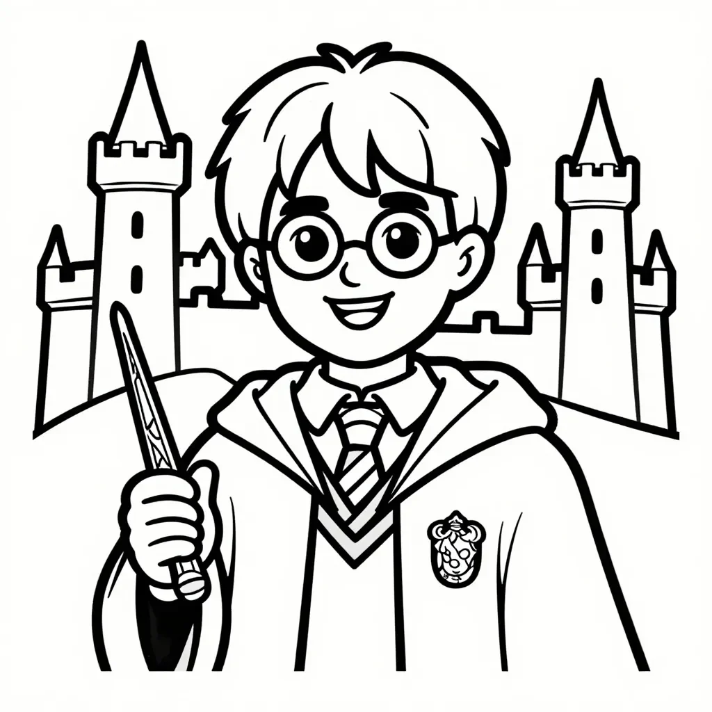 Smiling Harry Potter at Hogwarts Coloring Page