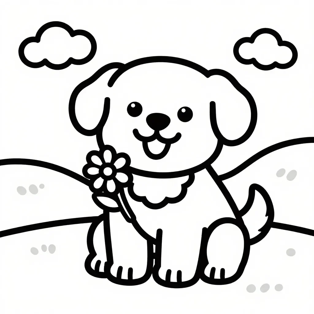 Fröhlicher Welpe mit Gänseblümchen Malvorlage