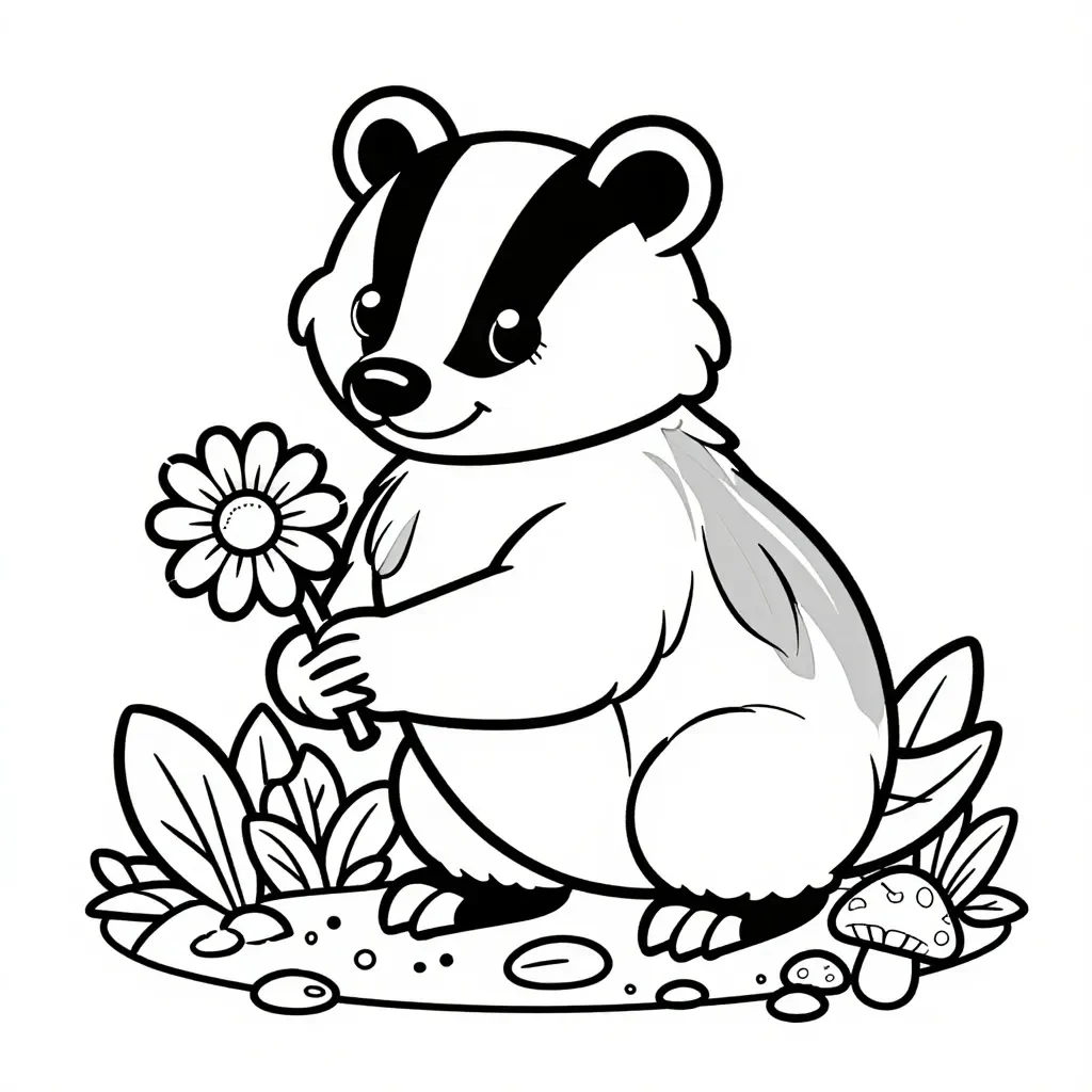 Charming Badger with Daisy Coloring Page