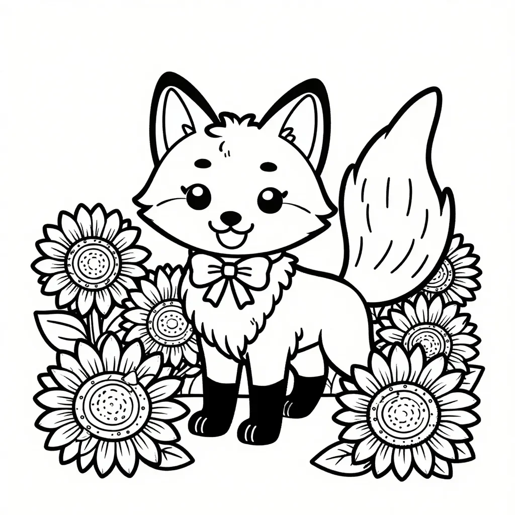Joyful Fox in Sunflower Field Coloring Page