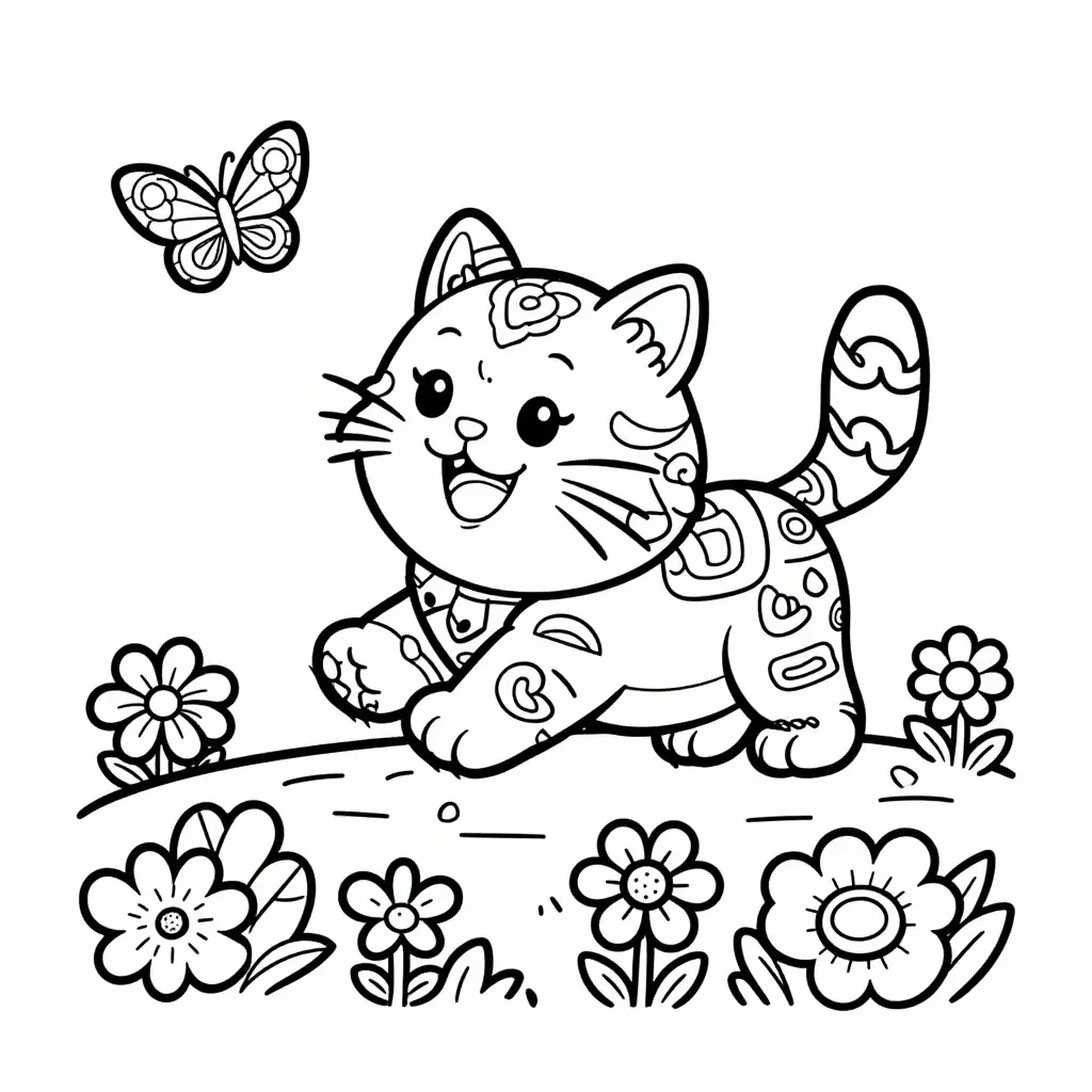 Gatito Juguetón Caza Mariposa: Prado Floral
