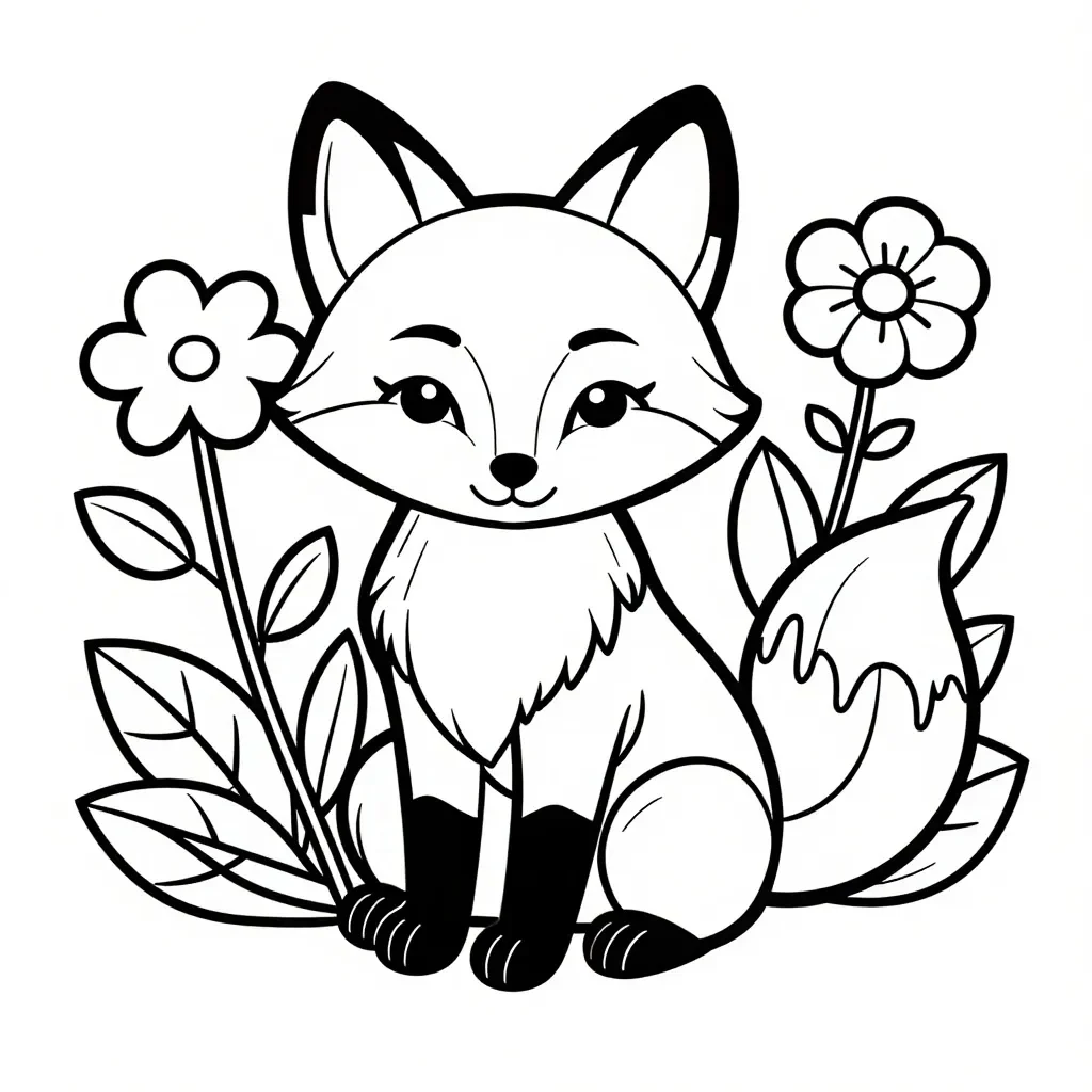 Whimsical Fox & Flowers Coloring Art