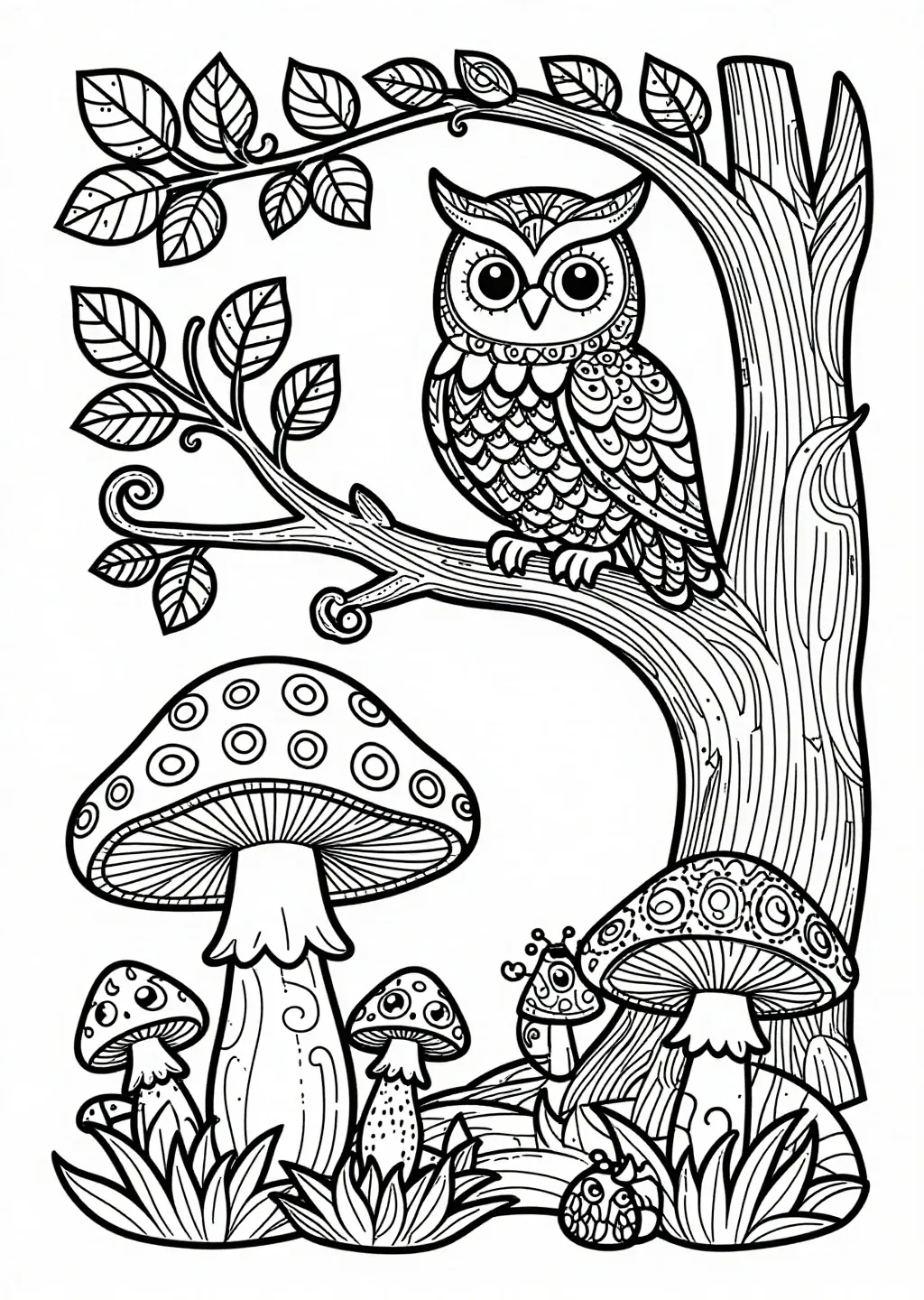 Whimsical Forest Owl & Mushroom Coloring Page