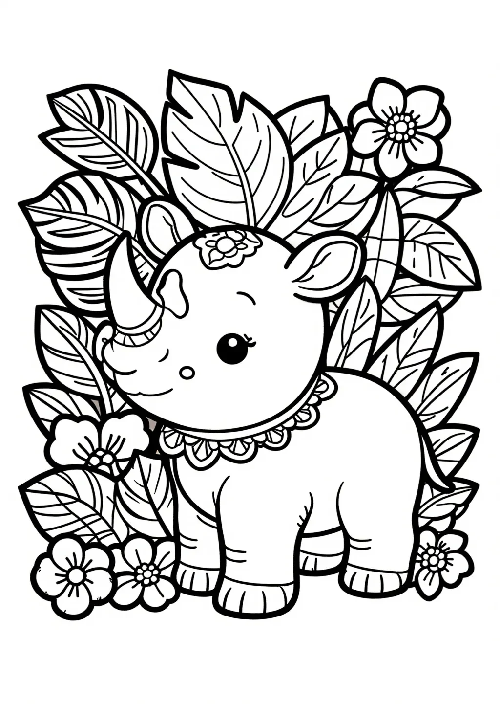 Whimsical Baby Rhino Jungle Bloom Coloring Page