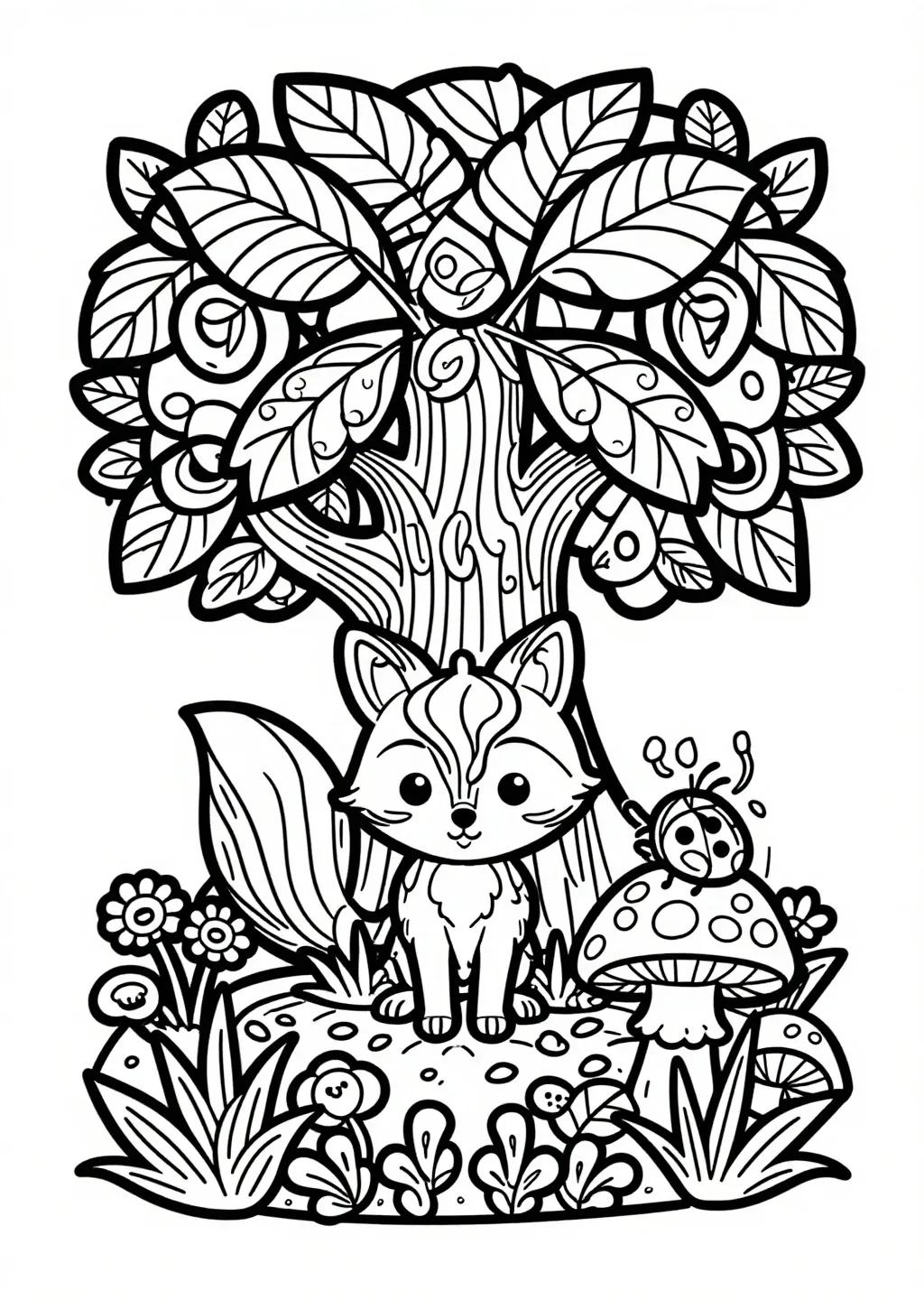 Curious Fox's Whimsical Oak Forest Coloring