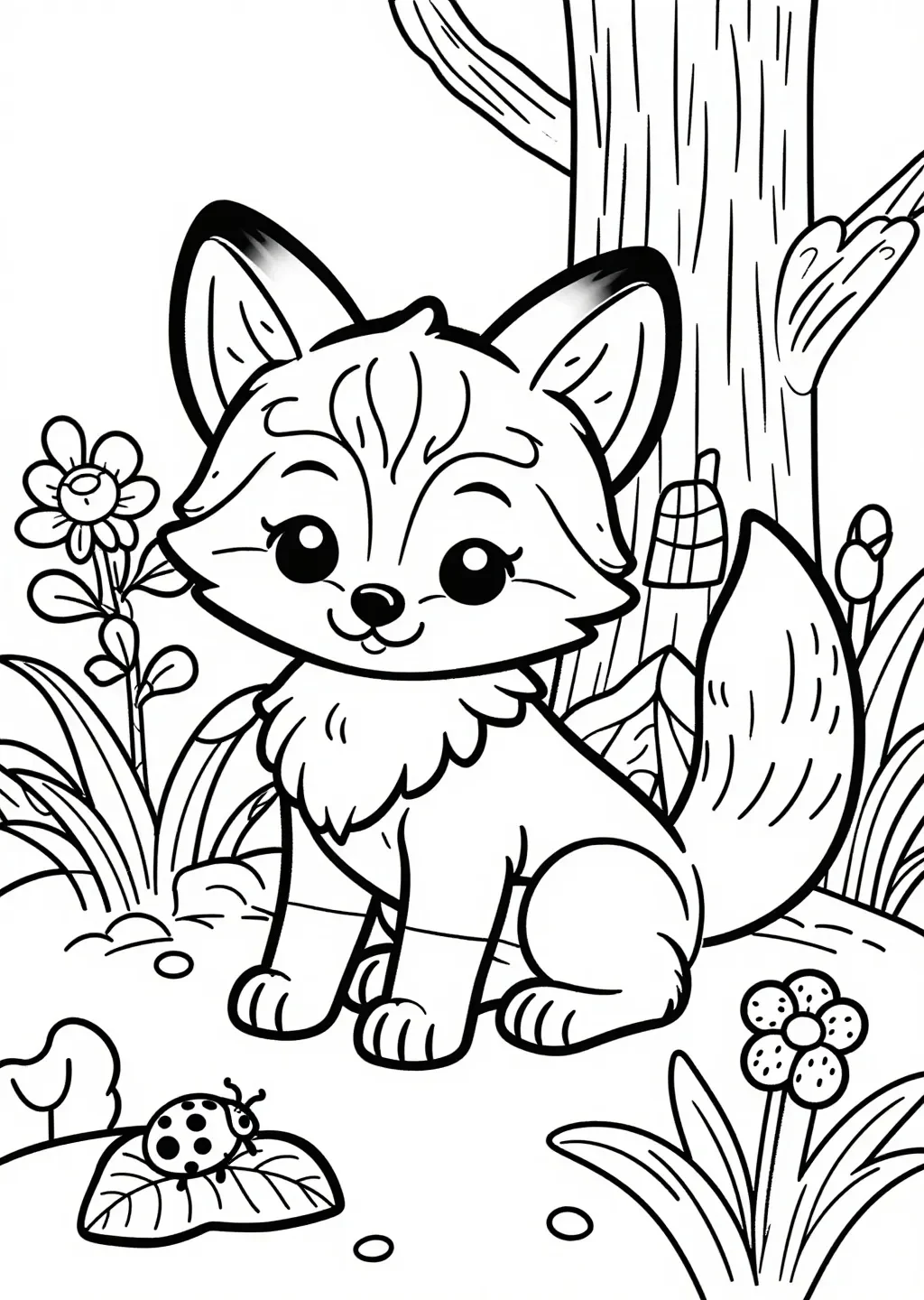 Playful Fox Cub Wildflower Meadow Coloring Page