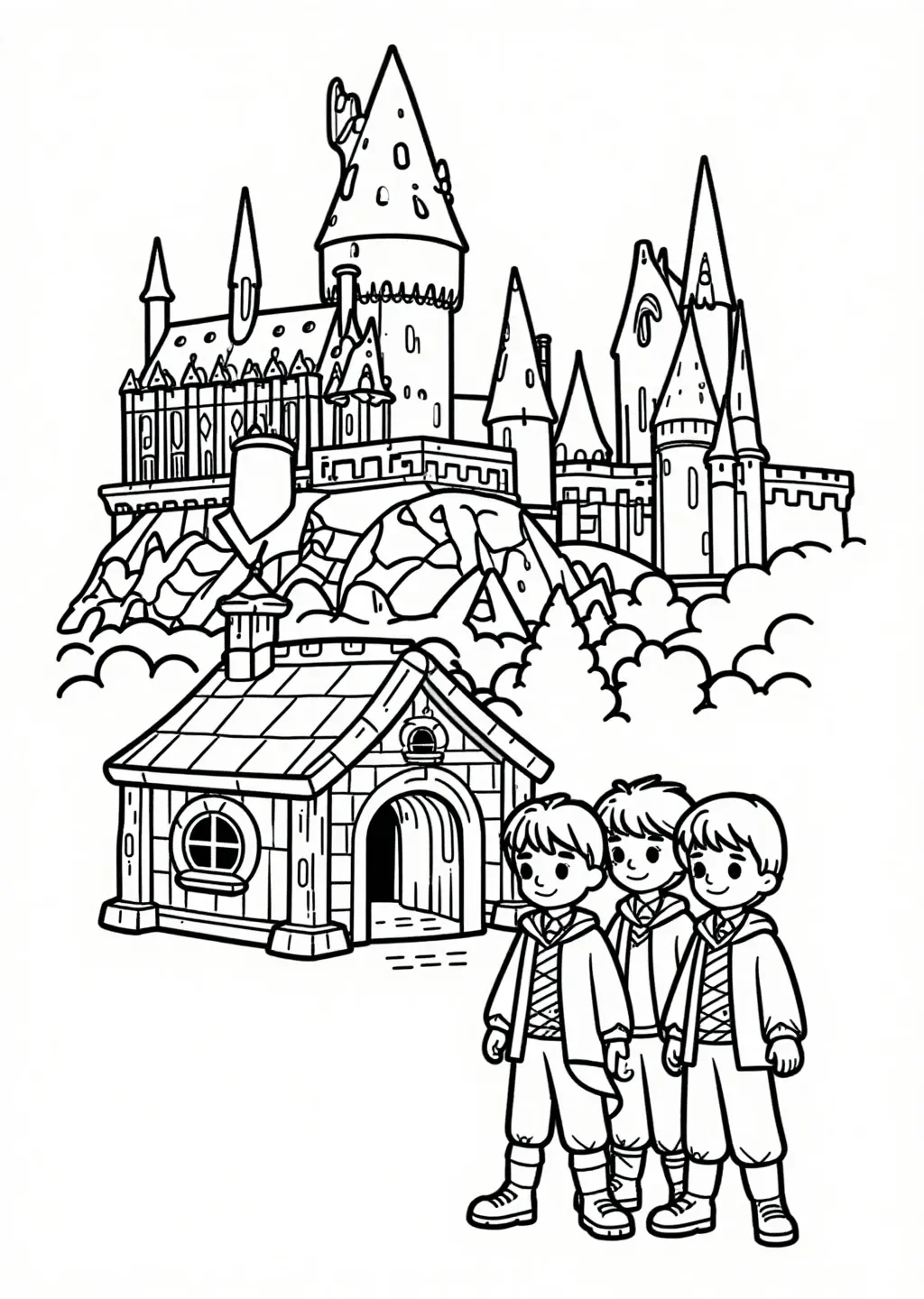 Harry, Ron, Hermione at Hogwarts Coloring Page