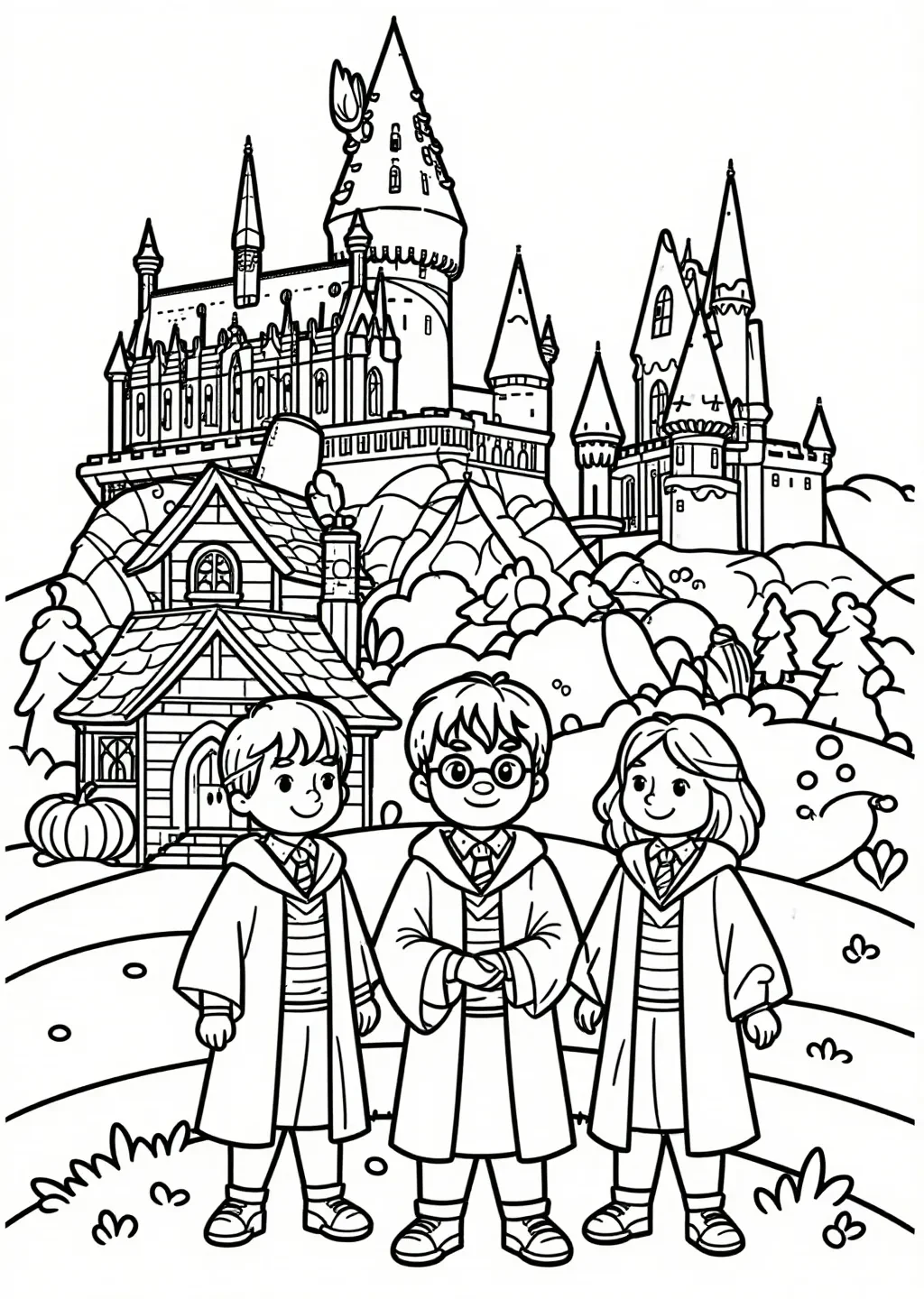 Harry, Ron & Hermione at Hogwarts Castle Scene